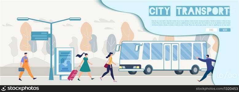 City Public Transport Infrastructure, Searching, Informational Online Service Flat Vector Web Banner, Landing Page Template with Passengers with Baggage, Citizens Hurrying on Bus Stop Illustration