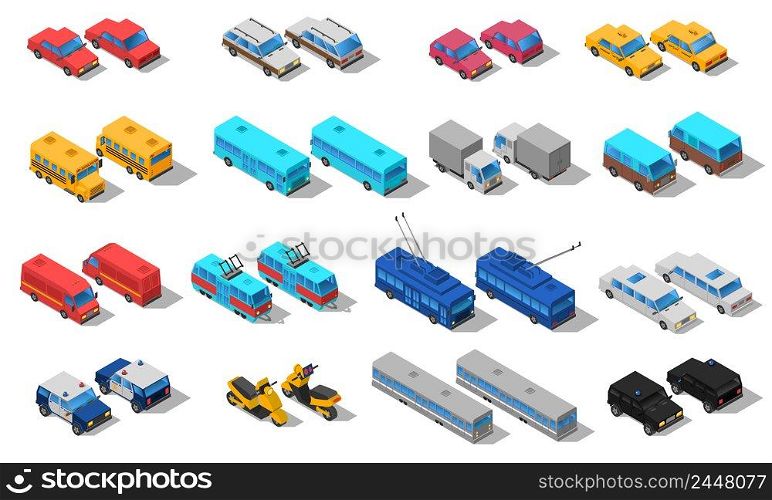 City public transport isometric icons set with school bus taxi automobile and pickup trucks abstract isolated vector illustration. City Transport Isometric Icons Set 