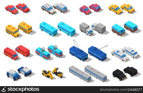 City public transport isometric icons set with school bus taxi automobile and pickup trucks abstract isolated vector illustration. City Transport Isometric Icons Set 