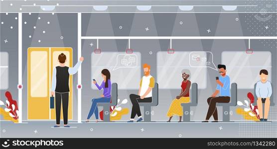 City Public Transport Passengers Flat Vector Concept Happy Multinational People Characters Standing, Sitting on Seats, Chatting and Messaging with Smartphone While Traveling by Subway Illustration