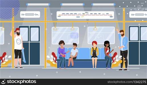 City Rapid Transit System Passengers Flat Vector Concept with Happy People Multinational Characters, Standing, Holding for Handrail, Sitting on Seats in Comfortable Subway Train Wagon Illustration