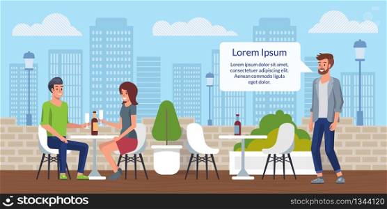 City Restaurant, Street Cafe with Outdoor Seating Flat Vector Advertising Banner, Poster Template. Happy Smiling Couple with Wine Glasses in Hands Drinking Wine at Table in Rooftop Cafe Illustration