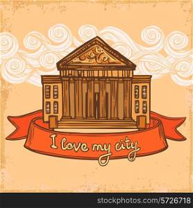 City retro background with sketch university museum courthouse building with column vector illustration