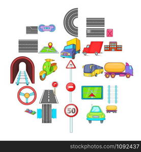 City road network icons set. Cartoon set of 25 city road network vector icons for web isolated on white background. City road network icons set, cartoon style