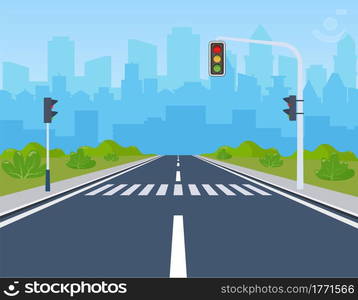 city road on crosswalk with traffic lights. markings and sidewalk for pedestrians. without any cars and people. Cityscape, empty street, highway, urban concept. Vector illustration in flat style. city with traffic lights