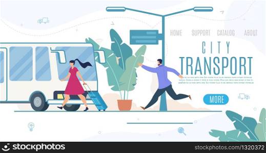 City Road Public Transport Online Service Flat Vector Web Banner, Landing Page Template with Woman Walking on Sidewalk, Pulling Baggage Bag, Man Running, Trying to Catch Bus on Bus Stop Illustration
