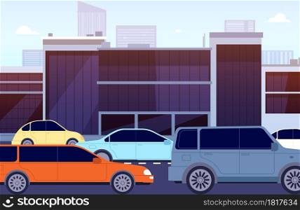 City road traffic jam. Cartoon cars street, morning downtown. Urban crossroad panoramic with autos, town building highway vector illustration. Road traffic car, city street with stop vehicle. City road traffic jam. Cartoon cars street, morning downtown. Urban crossroad panoramic with autos, town building highway vector illustration