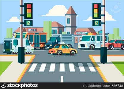 City road traffic. Urban landscape intersection with city cars in street crosswalk with lights vector flat background. Road intersection traffic jamm city crosswalk street illustration. City road traffic. Urban landscape intersection with city cars in street crosswalk with lights vector flat background