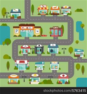 City road with food grocery commercial stores and shops flat background vector illustration. Store Building Road