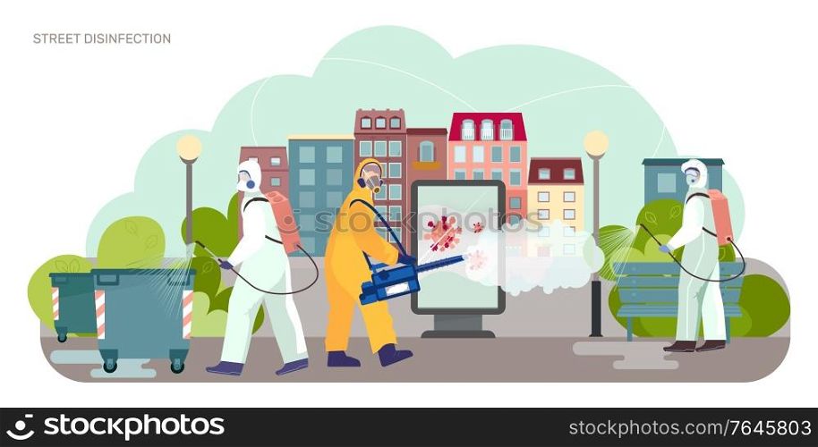 City sanitizing fighting viruses flat composition with squad in protective suits spraying disinfectant on streets vector illustration