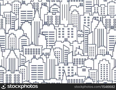 City scape seamless pattern. Thin line City background. Downtown landscape with high skyscrapers. Panorama architecture City landscape wallpaper. Goverment buildings outline illustration. Urban life. Vector illustration. City seamless pattern