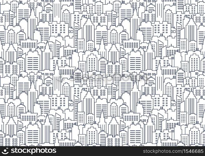 City scape seamless pattern. Thin line City background. Downtown landscape with high skyscrapers. Panorama architecture City scape wallpaper. Goverment buildings line illustration. Vector illustration. City seamless pattern