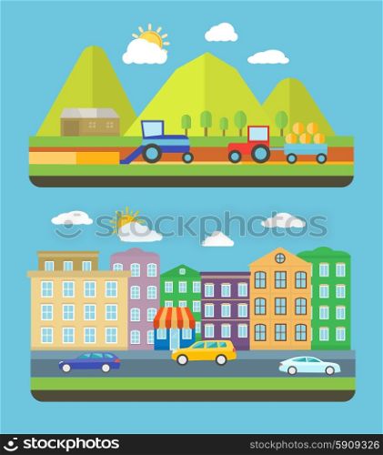 City scene where the residents are very conscious about their environment and going green concept. Farm vellage landscape life background with item icons in flat design style. City and farm vellage