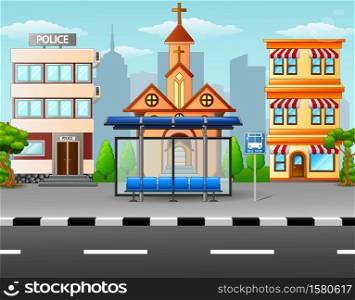 City scene with bus stop and building