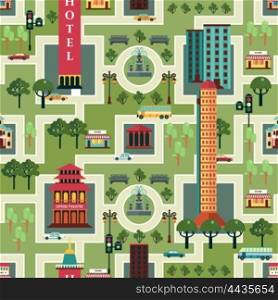 City Seamless Pattern. City seamless pattern with urban infrastructure on green background vector illustration