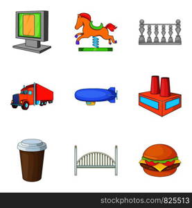 City service icons set. Cartoon set of 9 city service vector icons for web isolated on white background. City service icons set, cartoon style