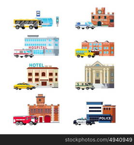 City Services And Buildings Orthogonal Set. Orthogonal set of city services and buildings including transportation post office police and hospital isolated vector illustration