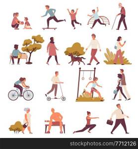 City set of flat icons and isolated images with people of different age walking in park vector illustration. City Park Walks Set