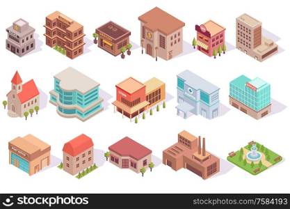City set of isometric images of colourful modern architecture isolated buildings with shadows on blank background vector illustration. City Buildings Isometric Set