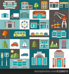 City set with houses, trees and buildings.Vector illustration
