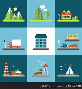 City set with urban buildings, trees and cars. Flat icon. Vector illustration