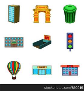City shop icons set. Cartoon set of 9 city shop vector icons for web isolated on white background. City shop icons set, cartoon style
