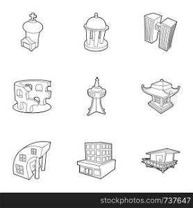 City sight icons set. Outline set of 9 city sight vector icons for web isolated on white background. City sight icons set, outline style