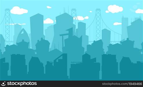 City silhouette background. Town downtown on blue sky woth clouds, urbanization vector background. Illustration cityscape scenery building. City silhouette background. Town downtown on blue sky woth clouds, urbanization vector background
