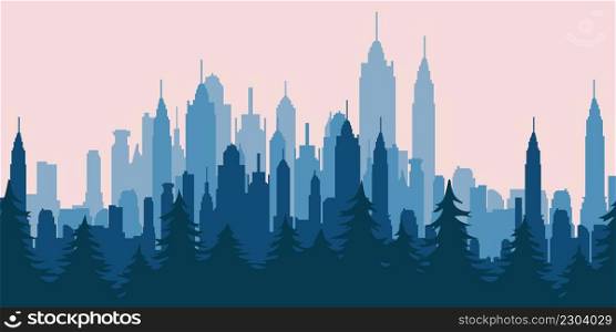 City silhouette. Panorama cityscape skyline building silhouettes. 3d city and forest panorama view. Vector illustration. EPS 10.. City silhouette. Panorama cityscape skyline building silhouettes. 3d city and forest panorama view. Vector illustration.