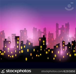 City silhouettes of different colors on red