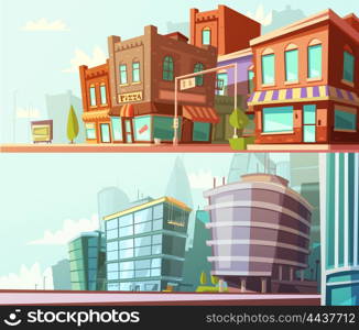 City Skyline 2 Horizontal Banners Set. Modern and historical city districts street view day skyline 2 horizontal banners set cartoon isolated vector illustration