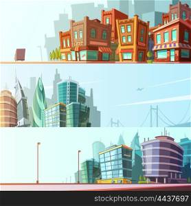 City Skyline 3 Horizontal Banners Set. Modern and historical bay area street view day skyline 3 horizontal banners set cartoon isolated vector illustration