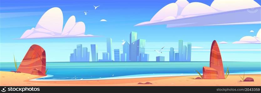 City skyline architecture at waterfront bay view from sea beach. Modern megapolis with skyscraper buildings at blue water surface under cloudy sky with birds flying, Cartoon vector illustration. City skyline architecture at waterfront bay vector