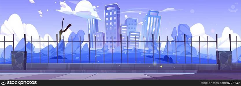 City skyline at dusk, urban view background with skyscrapers and bushes behind of metal fence under twilight blue sky with clouds. Summertime cityscape with buildings, Cartoon vector illustration. City skyline at dusk, urban view background, scene
