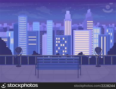 City skyline at night flat color vector illustration. Perfect perspective on city buildings. Stunning rooftop deck. Scenic view 2D simple cartoon cityscape with skyscrapers on background. City skyline at night flat color vector illustration