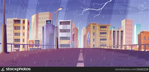 City skyline at rainy weather view from bridge, metropolis cityscape with empty road, skyscraper buildings, urban architecture at thunderstorm. Town or downtown district, Cartoon vector illustration. City skyline at rainy weather view from bridge