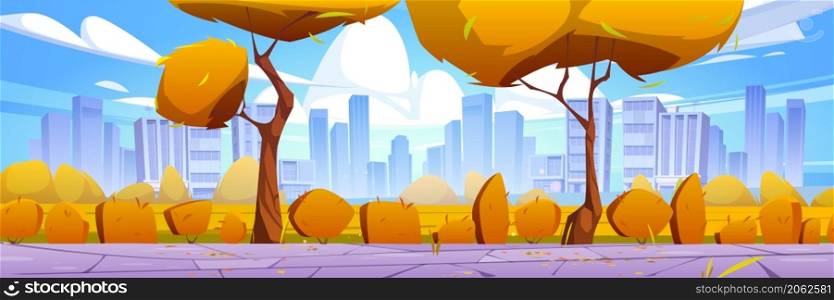 City skyline, autumn urban background with skyscrapers, yellow lawn and tiled pathway. Fall cityscape, downtown residential buildings architecture, scenery panoramic view, Cartoon vector illustration. City skyline, autumn urban background, skyscrapers