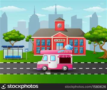 City skyline background with ice cream truck in front of school building