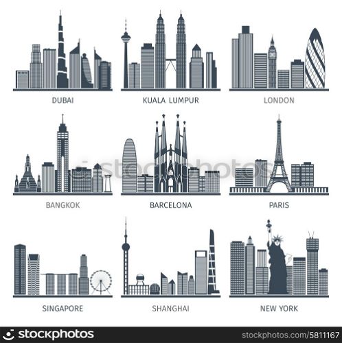 City skyline black icons set. World famous capitals cities characteristic downtown business center edifice buildings silhouettes skyline black abstract isolated vector illustration