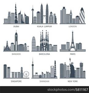 City skyline black icons set. World famous capitals cities characteristic downtown business center edifice buildings silhouettes skyline black abstract isolated vector illustration