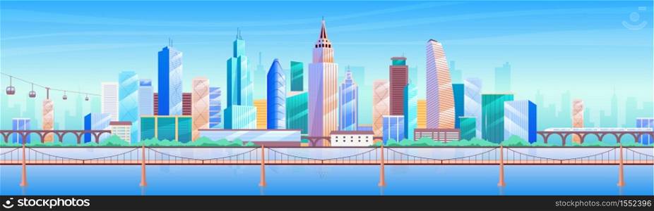 City skyline flat color vector illustration. Modern metropolis 2D cartoon cityscape with skyscrapers on background. Business district, downtown panorama with tall buildings and bridge. Metropolis flat color vector illustration