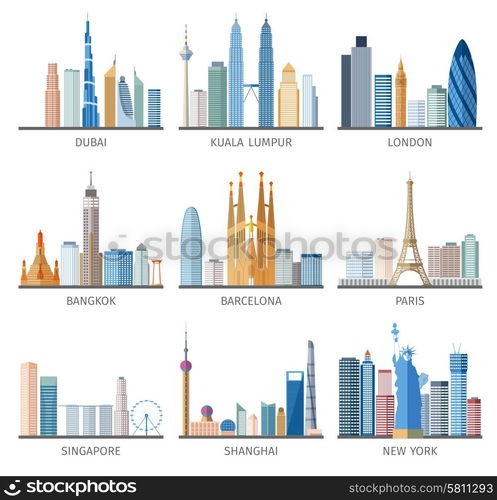 City skyline flat icons set. Famous capitals and cities characteristic downtown business center edifice buildings silhouettes day skyline abstract isolated vector illustration