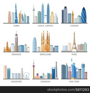 City skyline flat icons set. Famous capitals and cities characteristic downtown business center edifice buildings silhouettes day skyline abstract isolated vector illustration
