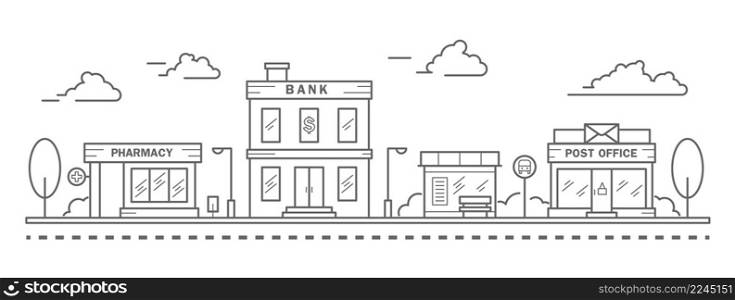 City skyline in line art style. Landscape with row houses of bank, pharmacy, bus stop and post office. Street horizontal panorama. Vector illustration