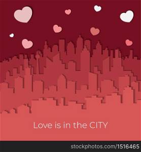 City skyline in red-tone in Valentine concept. Paper art style
