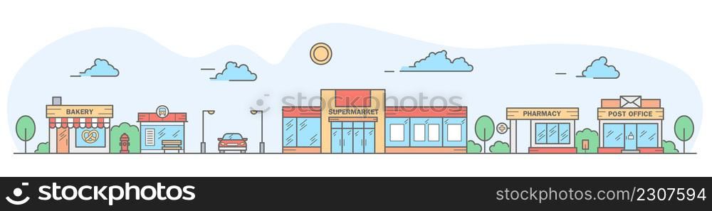 City skyline. Landscape with row houses of bakery, bus stop, super market, pharmacy and post office. Street horizontal panorama. Vector illustration.. City skyline. Landscape with row houses of bakery, bus stop, super market, pharmacy and post office. Street horizontal panorama. Vector illustration