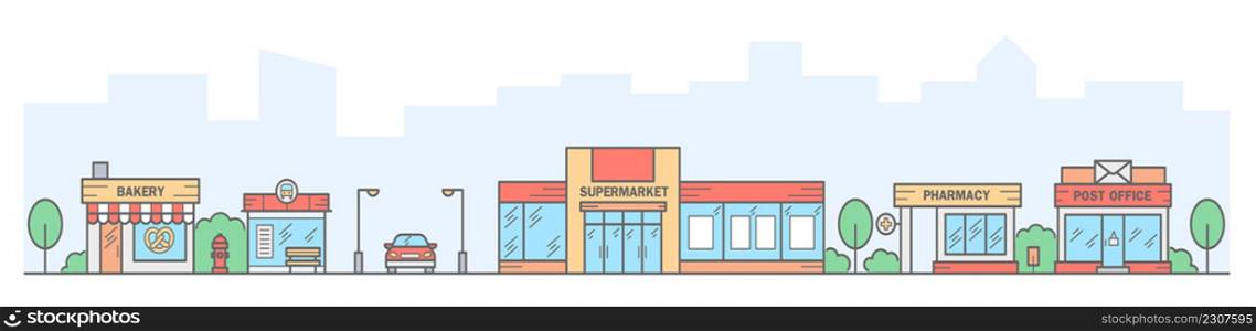 City skyline. Landscape with row houses of bakery, bus stop, super market, pharmacy and post office. Street horizontal panorama. Vector illustration.. City skyline. Landscape with row houses of bakery, bus stop, super market, pharmacy and post office. Street horizontal panorama. Vector illustration