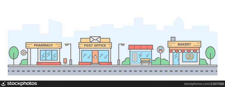 City skyline. Landscape with row houses of bakery, pharmacy, bus stop and post office. Street horizontal panorama. Vector illustration.. City skyline. Landscape with row houses of bakery, pharmacy, bus stop and post office. Street horizontal panorama. Vector illustration