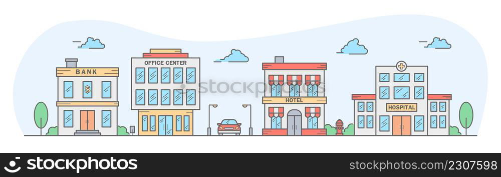 City skyline. Landscape with row houses of bank, office center, hotel, hospital. Street horizontal panorama. Vector illustration.. City skyline. Landscape with row houses of bank, office center, hotel, hospital. Street horizontal panorama. Vector illustration