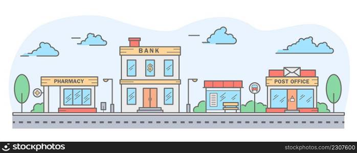 City skyline. Landscape with row houses of bank, pharmacy, bus stop and post office. Street horizontal panorama. Vector illustration.. City skyline. Landscape with row houses of bank, pharmacy, bus stop and post office. Street horizontal panorama. Vector illustration